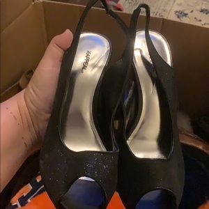 Black glitter peep toe sling back heels